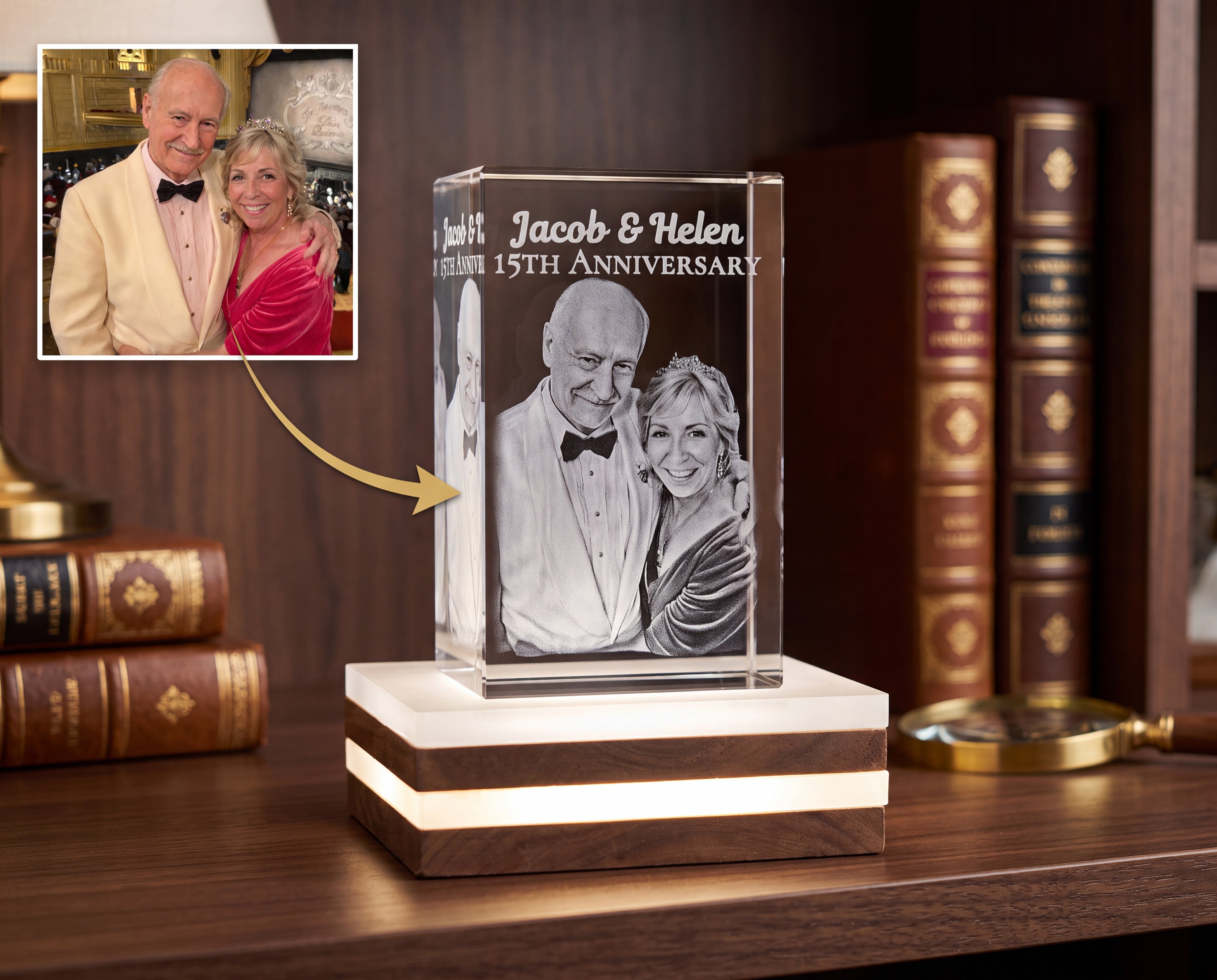 Custom Couples Portrait 3D Crystal Engraving With Light Base, Perfect Gift For Anniversary, Engagement, and Weddings