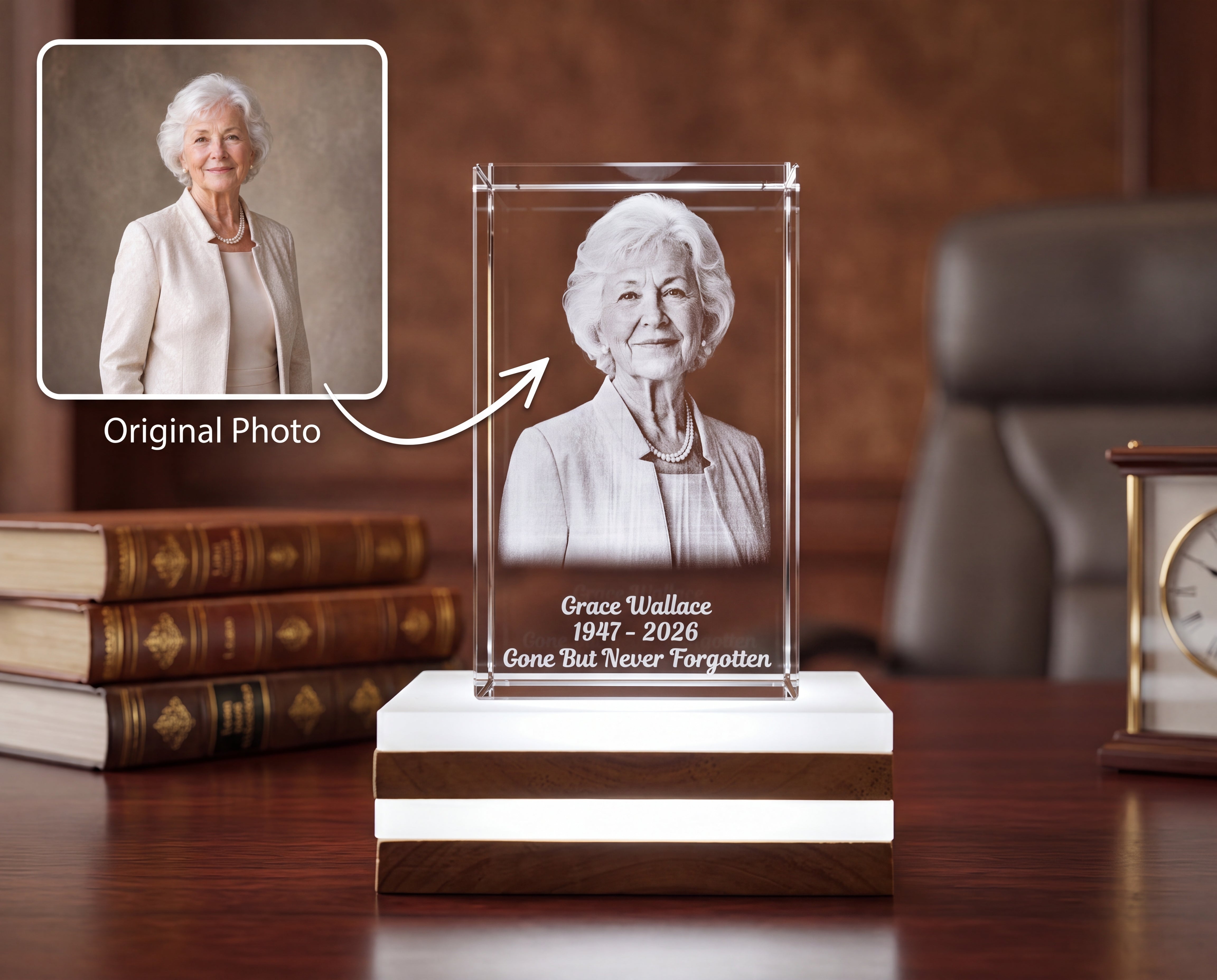 Custom Memorial Portrait 3D Crystal Engraving With Light Base