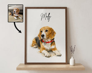 A framed custom pet portrait of a beagle dog named 'Molly' hanging on a wall above a wooden shelf. The print features a painted beagle wearing a red collar on a white background.