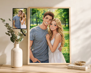 A framed custom portrait print of a couple, shown leaning on a shelf next to a vase with dried flowers. The main print is a stylized illustration of a smiling couple in a park, while a smaller photo of the original couple appears in the upper left corner of the print.