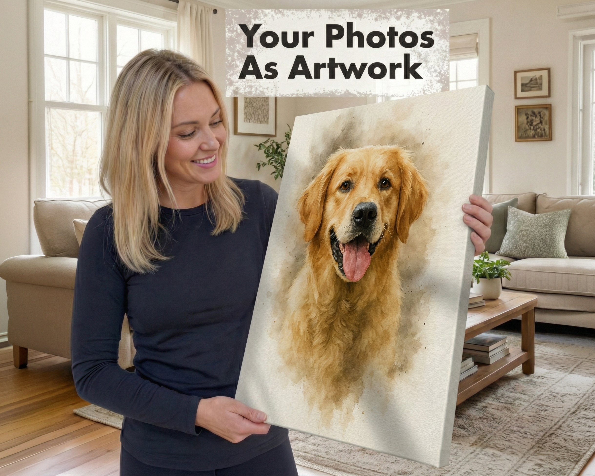 A woman in a navy long-sleeve top holds up a canvas print featuring a painted golden retriever portrait in a bright living room. Text at the top reads 'Your Photos As Artwork'.
