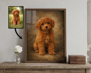 A framed custom pet portrait of a curly brown puppy, displayed on a wooden console table next to a small vase with a white rose and a wooden box. An inset image in the top left shows the original dog photo from which the portrait was created, with an arrow pointing to the finished artwork.