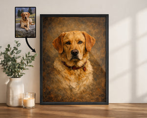 A framed custom pet portrait of a golden retriever dog, displayed on a wooden table next to a white vase with green leaves and a lit candle. A small inset image in the upper left shows the source photo of the dog used for the portrait, with an arrow pointing to the finished framed artwork.