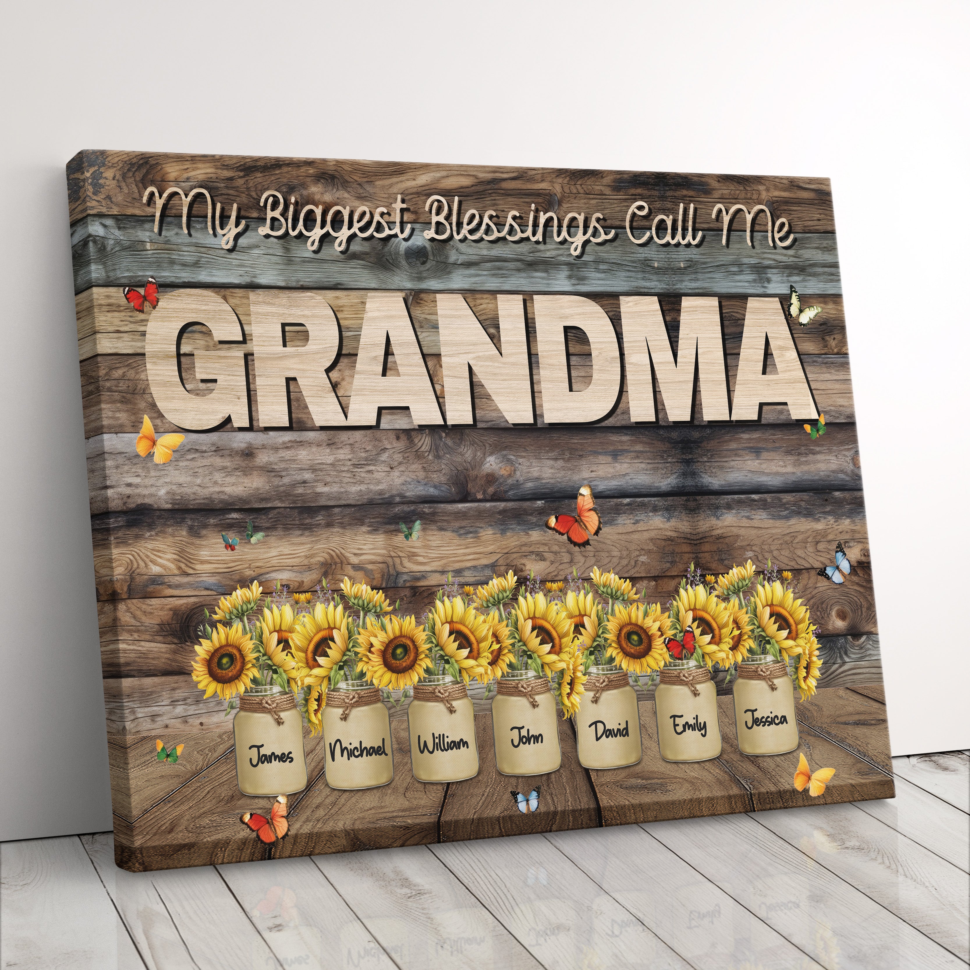 Personalized Gift For Grandma Farmhouse Style Sunflower Mason Jar Family Names Canvas Print
