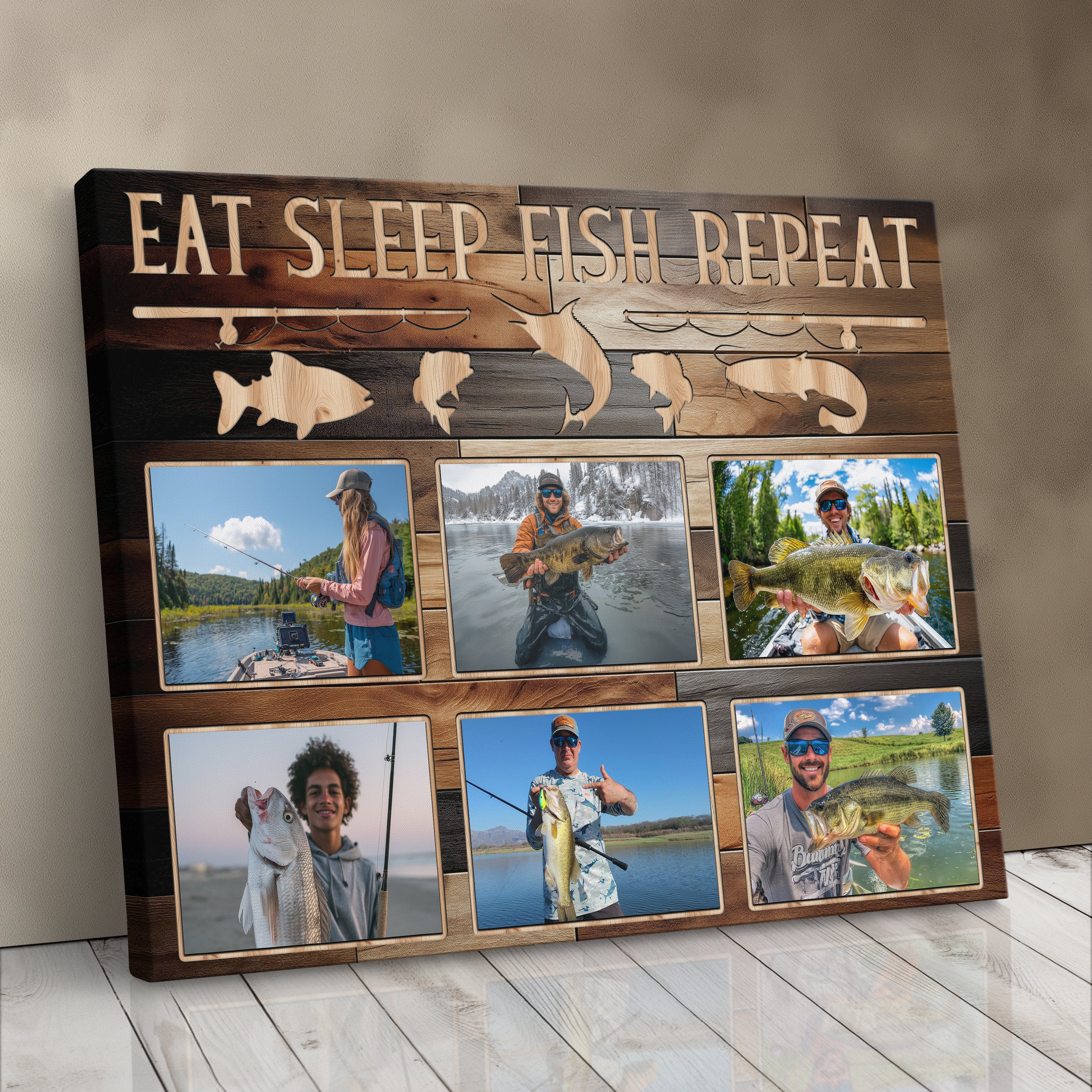 Personalized Fishing Canvas Print Photo Collage Wall Art, Custom Fisherman Photo Gift For Husband, Father, Or Boyfriend, Man Cave Wall Decor Eat Sleep Fish Repeat