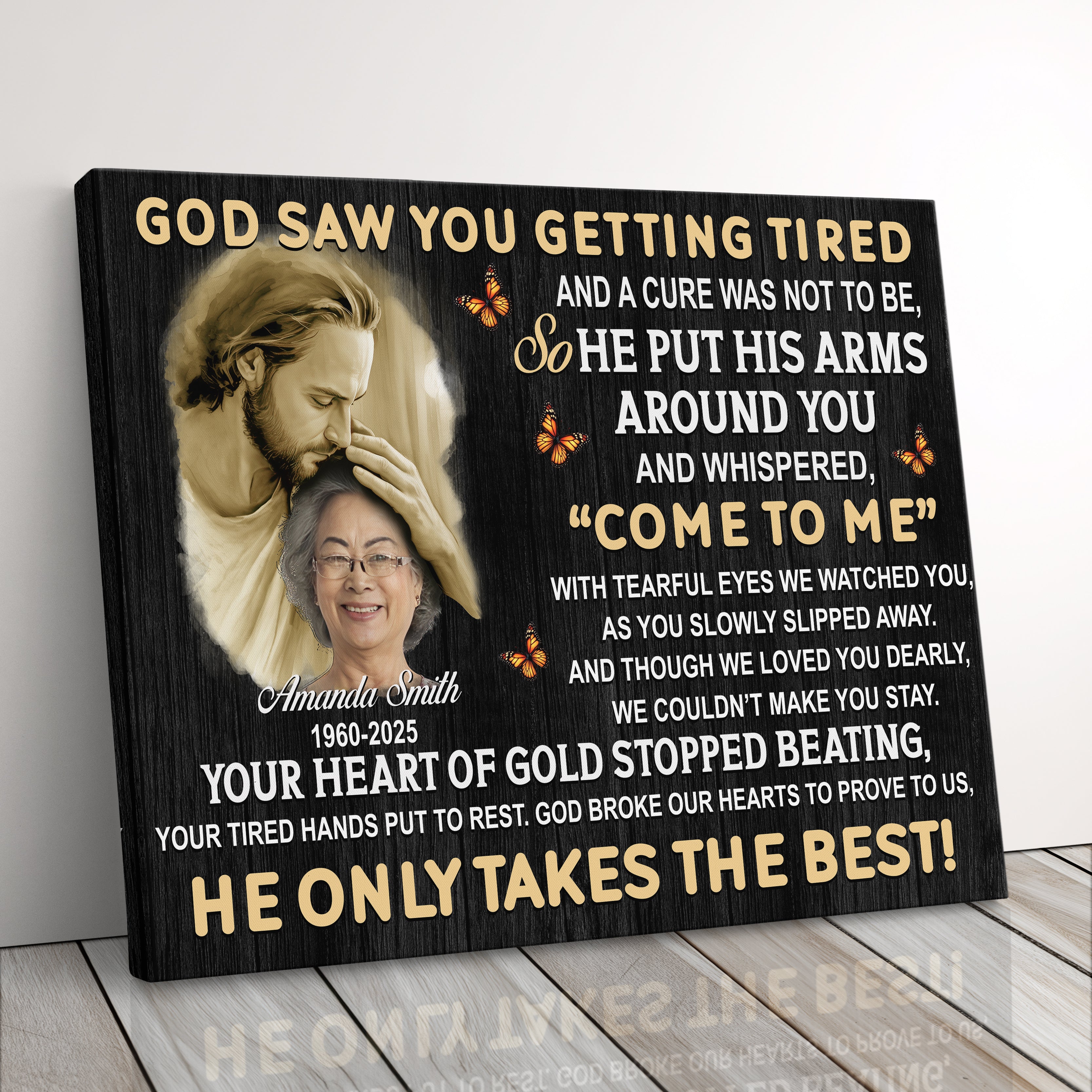 Personalized Memorial Canvas Print, Custom Photo Sympathy Gift For Loss Of Mom, Dad, Or Loved Ones, God Saw You Getting Tired Canvas