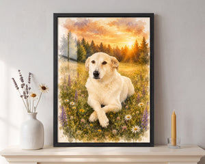 A framed pet portrait print of a cream-colored dog lying in a field of wildflowers at sunset, displayed on a light wood mantel next to a white vase with dried flowers and a candle.