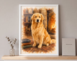 A framed watercolor-style portrait print of a golden retriever sitting in a warm indoor setting, displayed on a wooden shelf against a light gray wall with a small vase and a gray journal nearby.