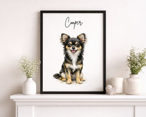 A framed custom pet portrait print of a Chihuahua dog named 'Cooper' displayed on a white mantelpiece with decorative vases and candles.