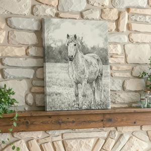 A vertical canvas print featuring a black and white pencil sketch of a horse standing in a field, displayed on a rustic wooden mantel against a light beige stone wall.
