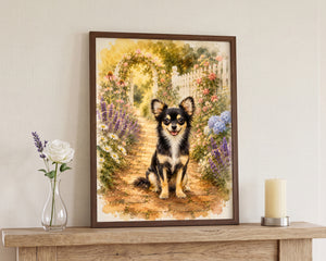 A framed custom pet portrait of a black and tan Chihuahua dog in a garden, displayed on a wooden mantel next to a white rose in a glass vase and a cream pillar candle.