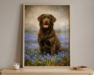 A framed custom pet portrait of a black Labrador retriever sitting in a field of blue flowers, displayed on a light wood console table against a neutral gray wall.