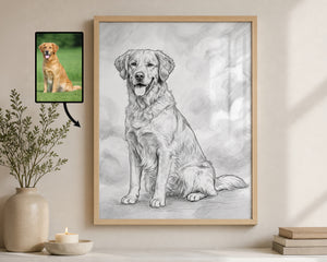 A framed custom pet portrait showing a detailed black and white pencil sketch of a golden retriever, displayed on a wall next to a small photo of the actual golden retriever and decorative home decor.