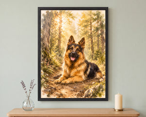 A framed art print of a German Shepherd lying in a sunlit forest, displayed on a light wood console table against a pale green wall, with a small glass vase and a white candle on either side.