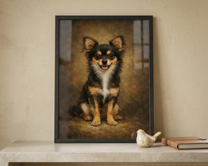 A framed custom pet portrait of a black and tan Chihuahua dog, displayed on a light stone shelf next to a small ceramic bird figurine and a book against a textured beige wall.