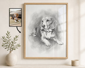A framed custom pet portrait showing a detailed pencil sketch of a beagle lying down, displayed on a light beige wall above a shelf with a small plant in a vase. An inset image in the upper left shows the original photo of the beagle used for the portrait.