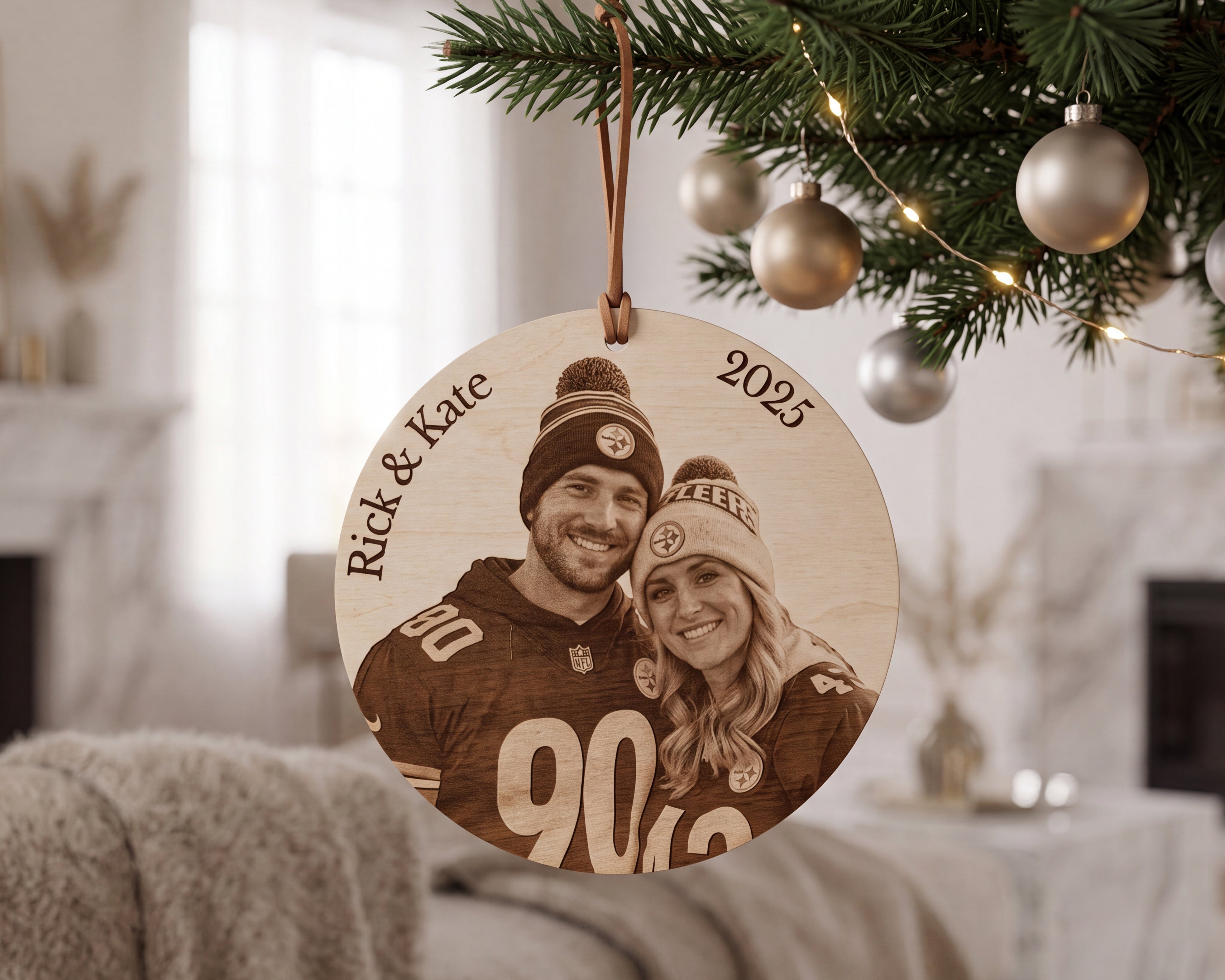 Custom Engagement Photo Engraved Wood Christmas Ornament