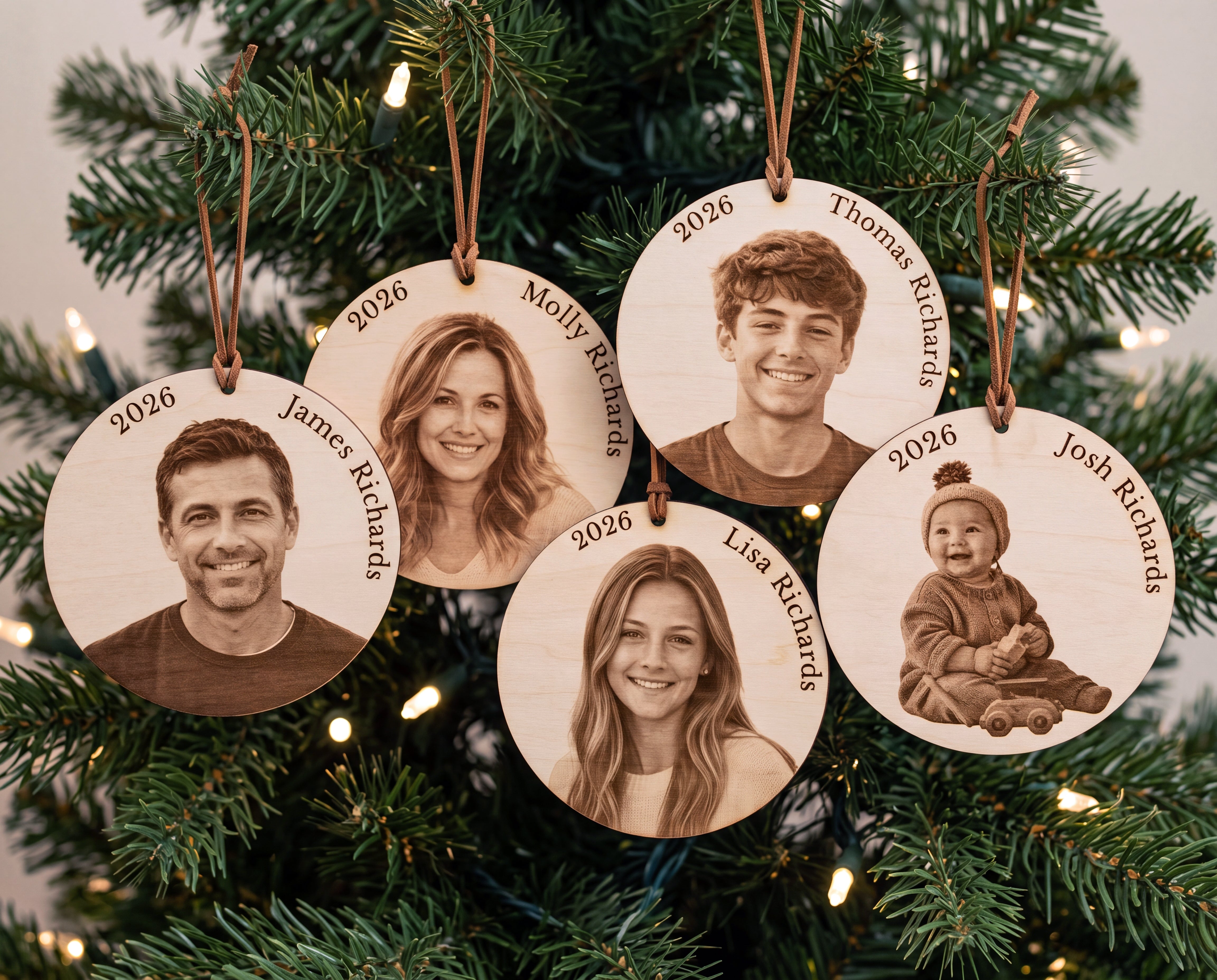 Custom Family Photo Engraved Wood Christmas Ornament