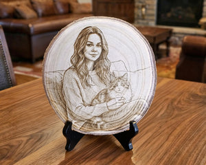 A round wood slice plaque featuring a custom engraved portrait of a woman holding a cat, displayed on a black stand on a wooden table in a living room setting.