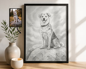 A framed black-and-white dog portrait leaning against a wall on a wooden surface, with a small inset reference photo of a dog sitting on a rock. The scene includes a beige vase with green stems and a lit candle, and the artwork depicts a large seated dog on a rock with a smoky gray background.