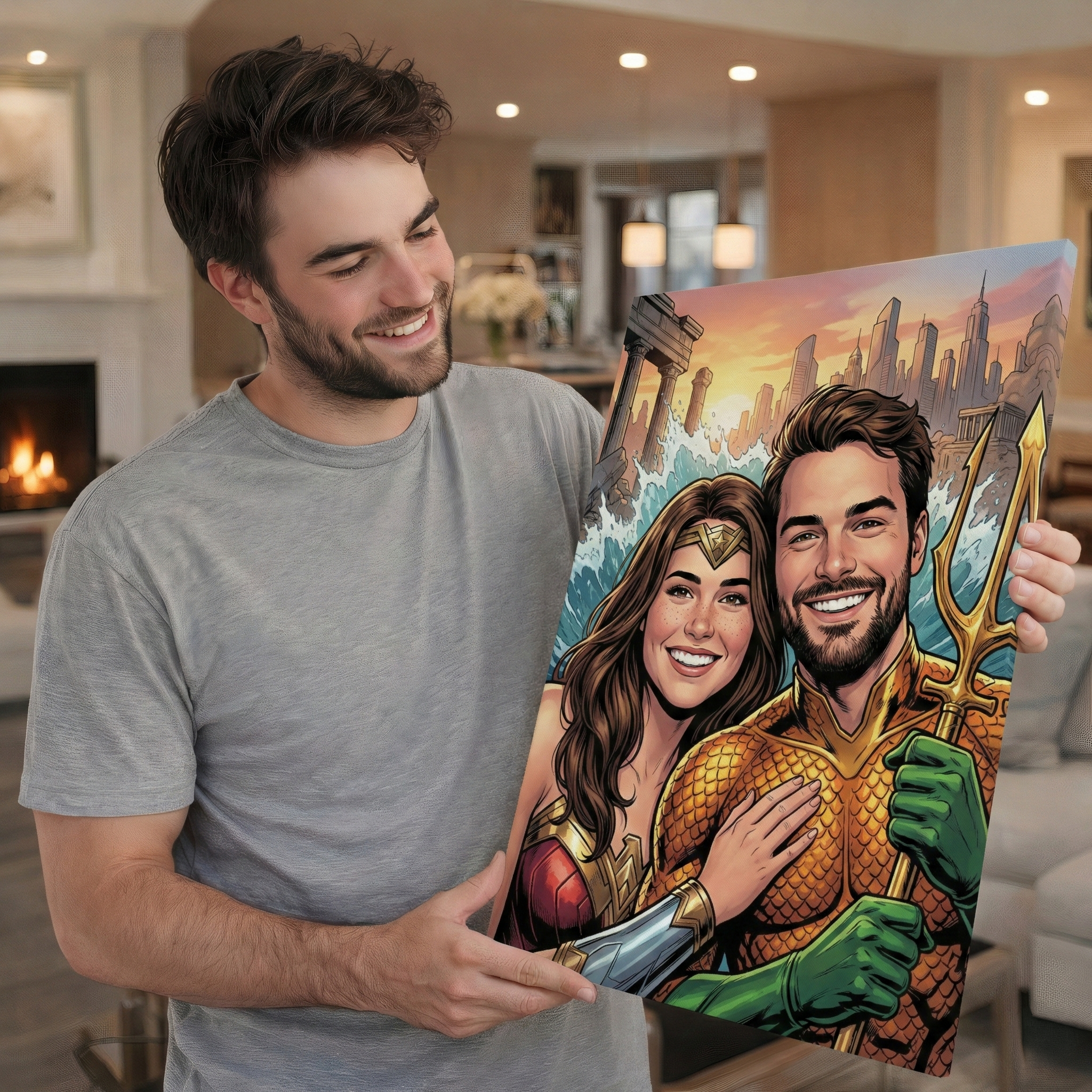 A man in a gray t-shirt holds up a custom comic-style art print featuring a man and woman dressed as Aquaman and Wonder Woman, set against a blurred living room background.