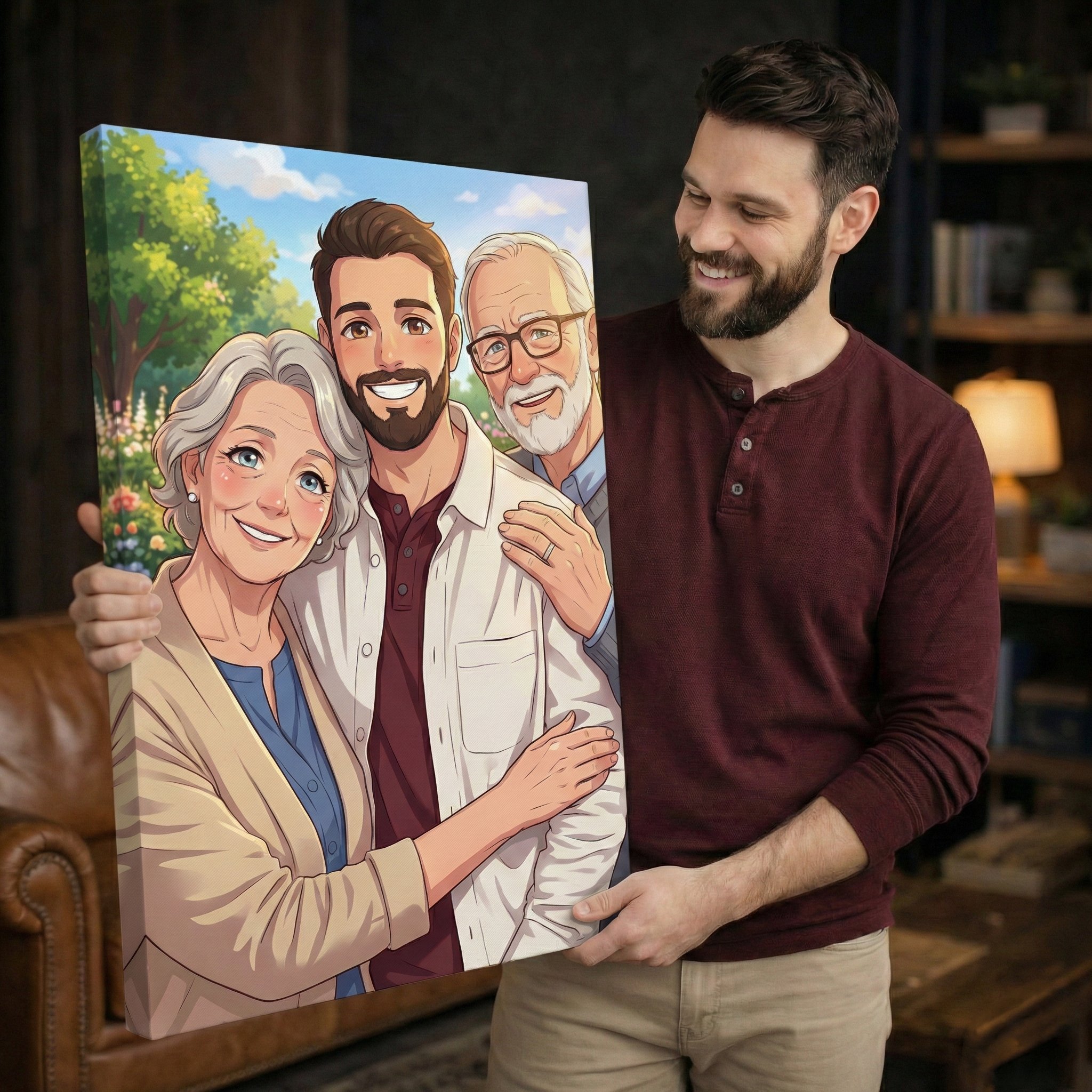 A man in a burgundy henley shirt holds up a custom canvas print of a family portrait. The canvas features a colorful cartoon-style illustration of a smiling couple and their two children outdoors.