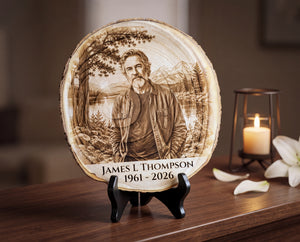 A round engraved wood plaque on a black stand, featuring a portrait of James L. Thompson with the text 'James L Thompson 1961 - 2026' at the bottom, displayed on a wooden table with a lit candle and white flower petals in the background.