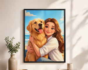 A framed custom portrait print hanging on a light beige wall, showing an illustrated woman hugging a golden retriever dog against a beach and sky background. The black-framed artwork is displayed in a styled interior setting with a vase of greenery and a small candle on a surface below.