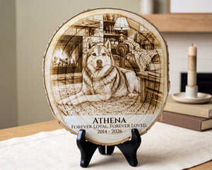 A round engraved wood plaque featuring a detailed portrait of a husky dog in a cozy living room, displayed on a black stand on a tabletop. The plaque is personalized with the name 'ATHENA' and the text 'FOREVER LOYAL.
