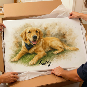 Painting of a golden retriever named 'Buddy' being unwrapped from a box.
