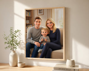 A framed custom family portrait print hanging on a beige wall above a wooden console table. The print shows a smiling man, a woman, and a baby sitting together on a couch.
