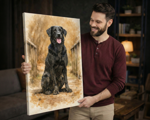 A man in a maroon henley shirt holds up a custom watercolor-style canvas painting of a black dog sitting in a sunlit outdoor path. The background shows a cozy, dimly lit living room interior with shelves and a lamp.