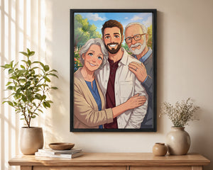A framed custom family portrait print hanging on a beige wall above a wooden console table, styled with potted plants and decorative vases in a warm, sunlit room.