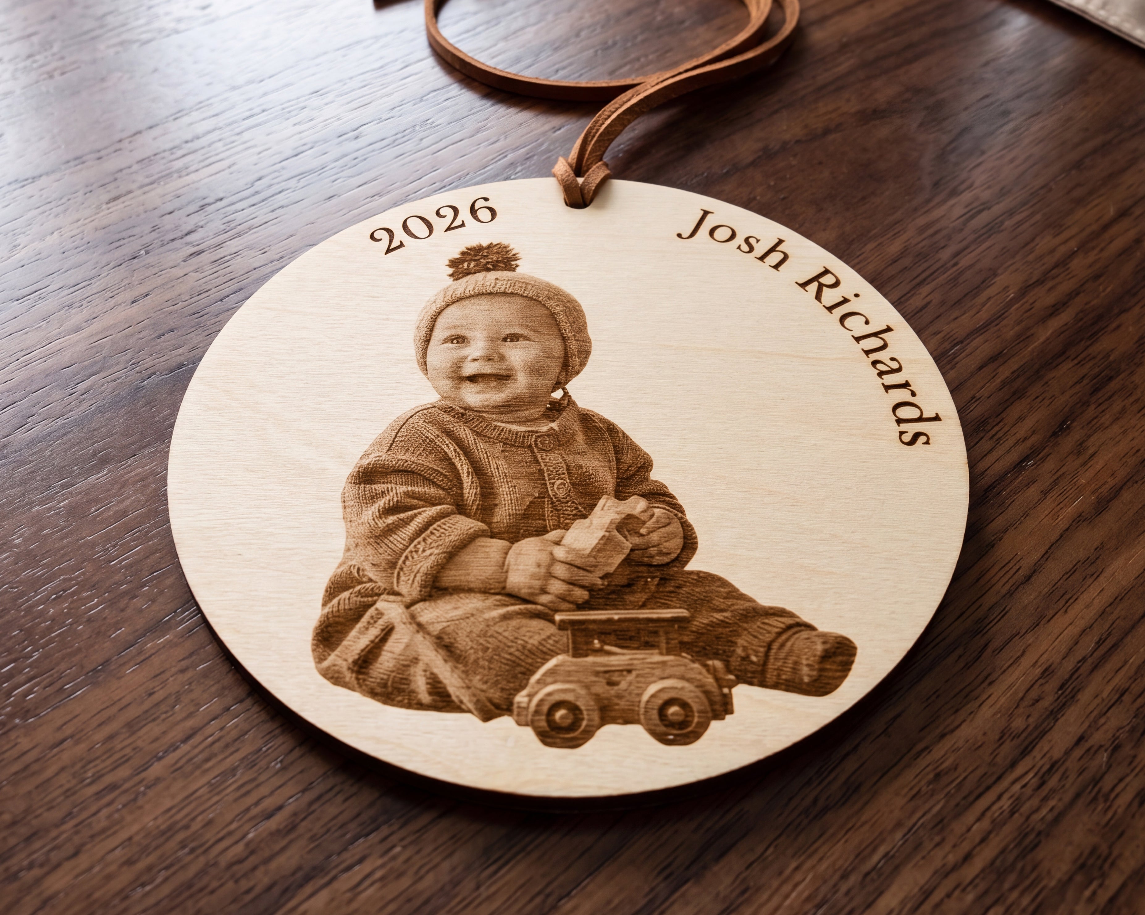 Custom Baby's First Christmas Photo Engraved Wood Christmas Ornament