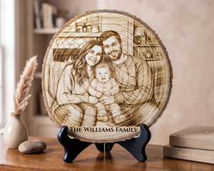 A round laser-engraved wood slice plaque featuring a family portrait and the text 'THE WILLIAMS FAMILY,' displayed on a black stand on a wooden table in a home interior setting.