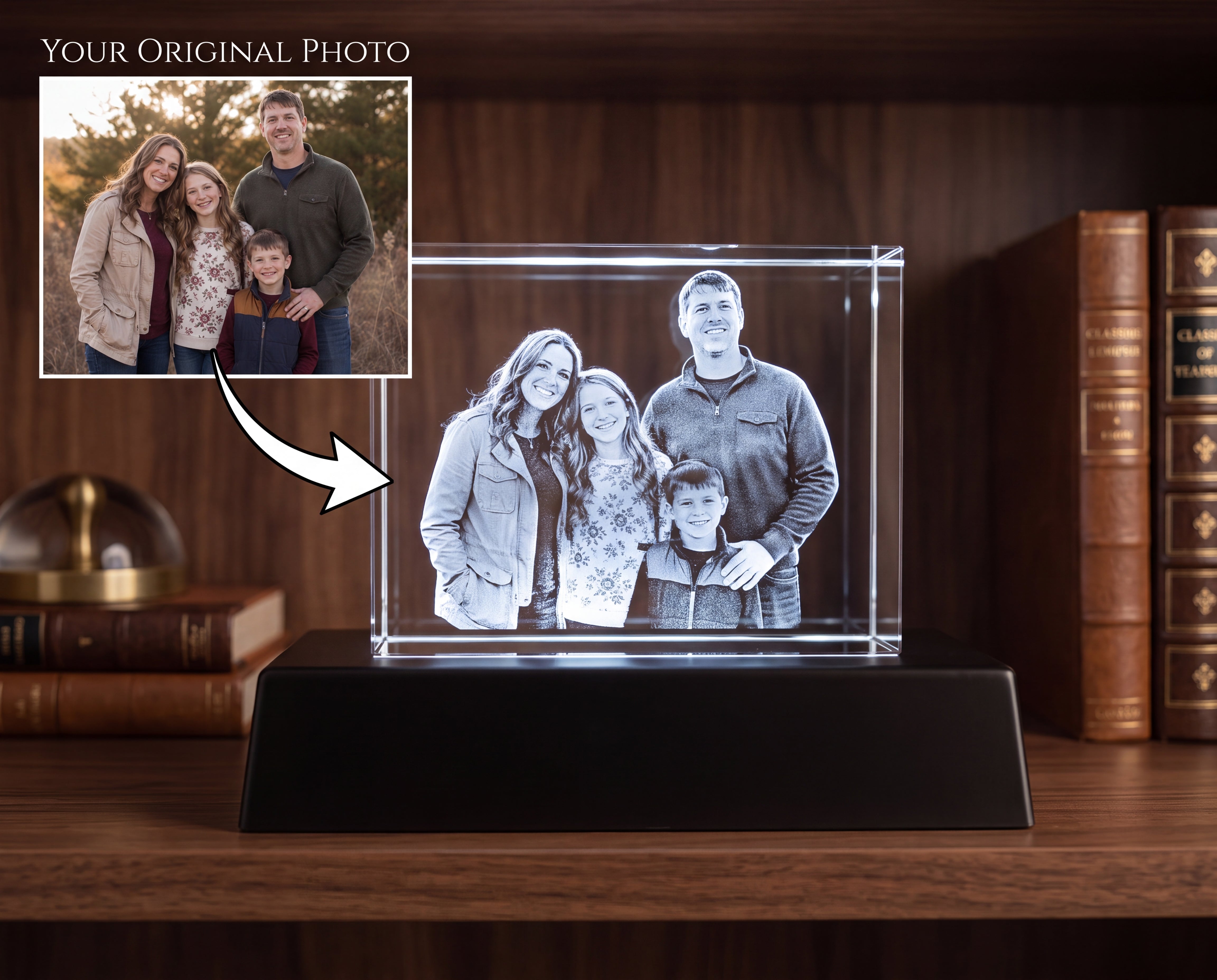 Custom Family Portrait 3D Crystal Engraving With Light Base