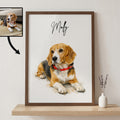 A framed custom pet portrait of a beagle dog named 'Molly' hanging on a wall above a wooden shelf. The print features a painted beagle wearing a red collar on a white background.