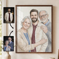 A framed custom watercolor family portrait hangs on a beige wall in a home interior. The artwork shows three smiling people, with two smaller source photo references shown beside the frame with arrows indicating the portrait creation process.