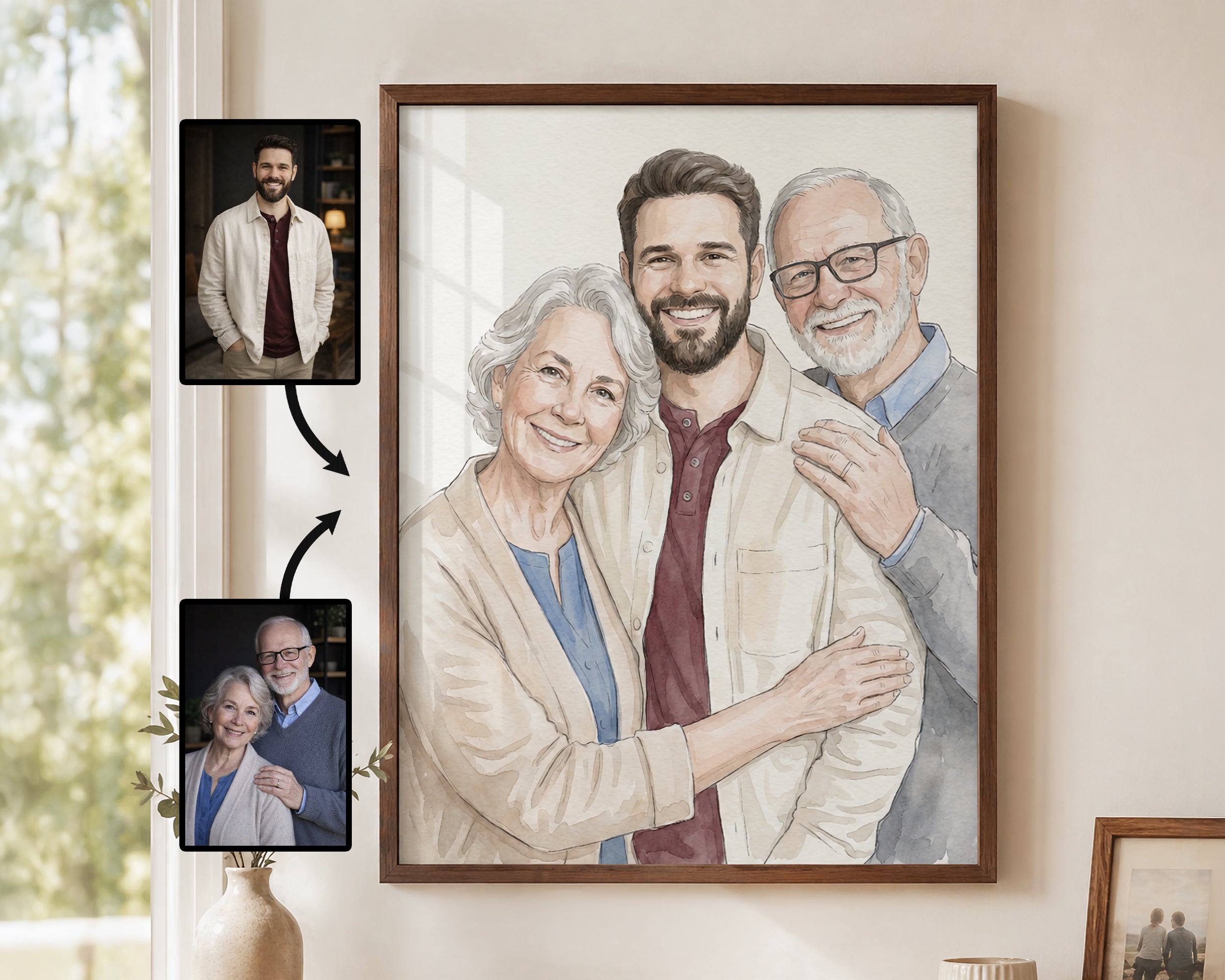 A framed custom watercolor family portrait hangs on a beige wall in a home interior. The artwork shows three smiling people, with two smaller source photo references shown beside the frame with arrows indicating the portrait creation process.