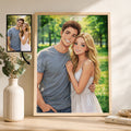 A framed custom portrait print of a couple, shown leaning on a shelf next to a vase with dried flowers. The main print is a stylized illustration of a smiling couple in a park, while a smaller photo of the original couple appears in the upper left corner of the print.