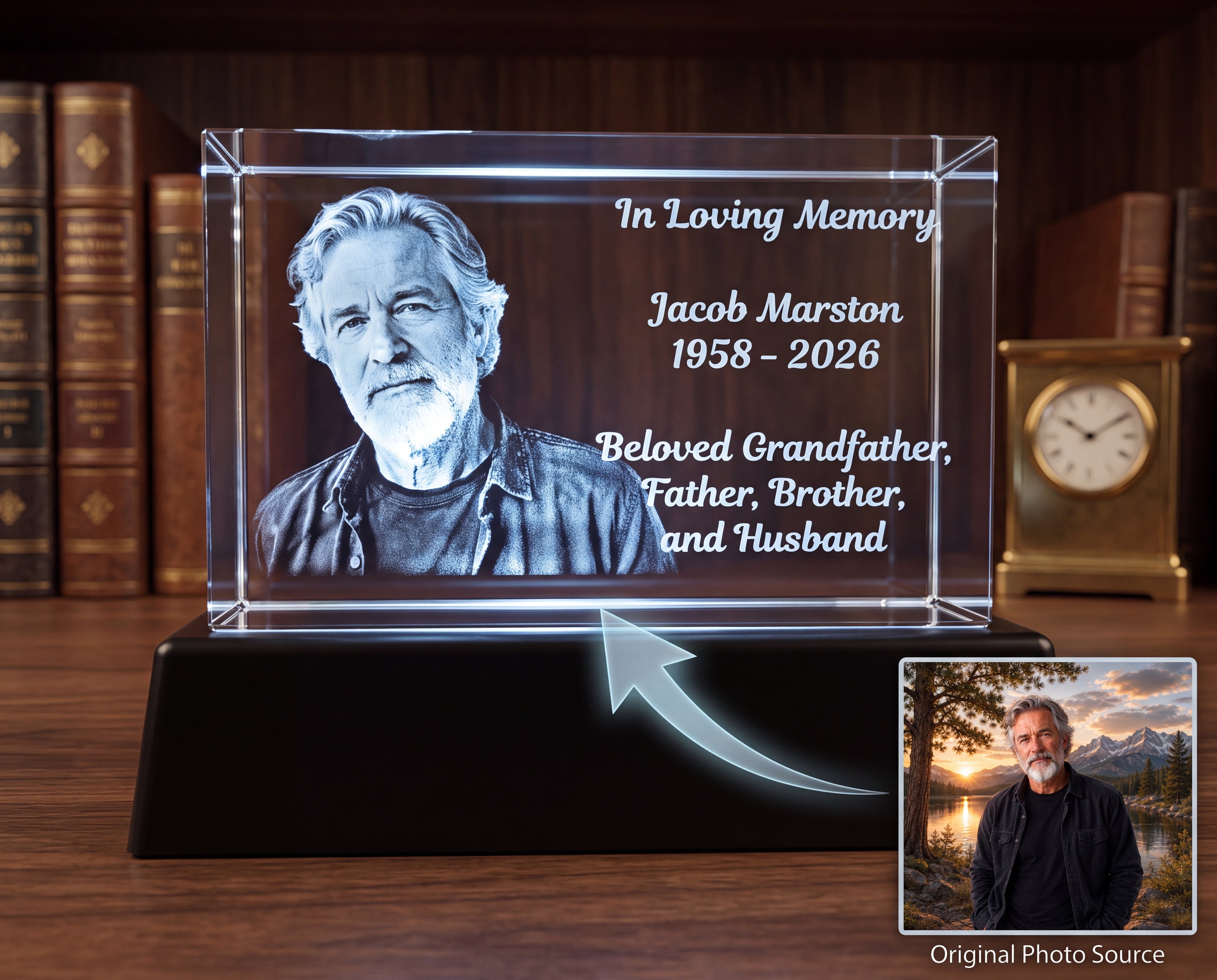 Custom Memorial Portrait 3D Crystal Engraving With Light Base