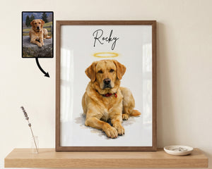 A framed custom pet portrait of a golden retriever named 'Rocky' with a gold halo and script text, displayed on a wooden shelf next to a small vase with lavender and a dish. A small inset photo of the original dog photo with an arrow points to the portrait, indicating a custom print service.
