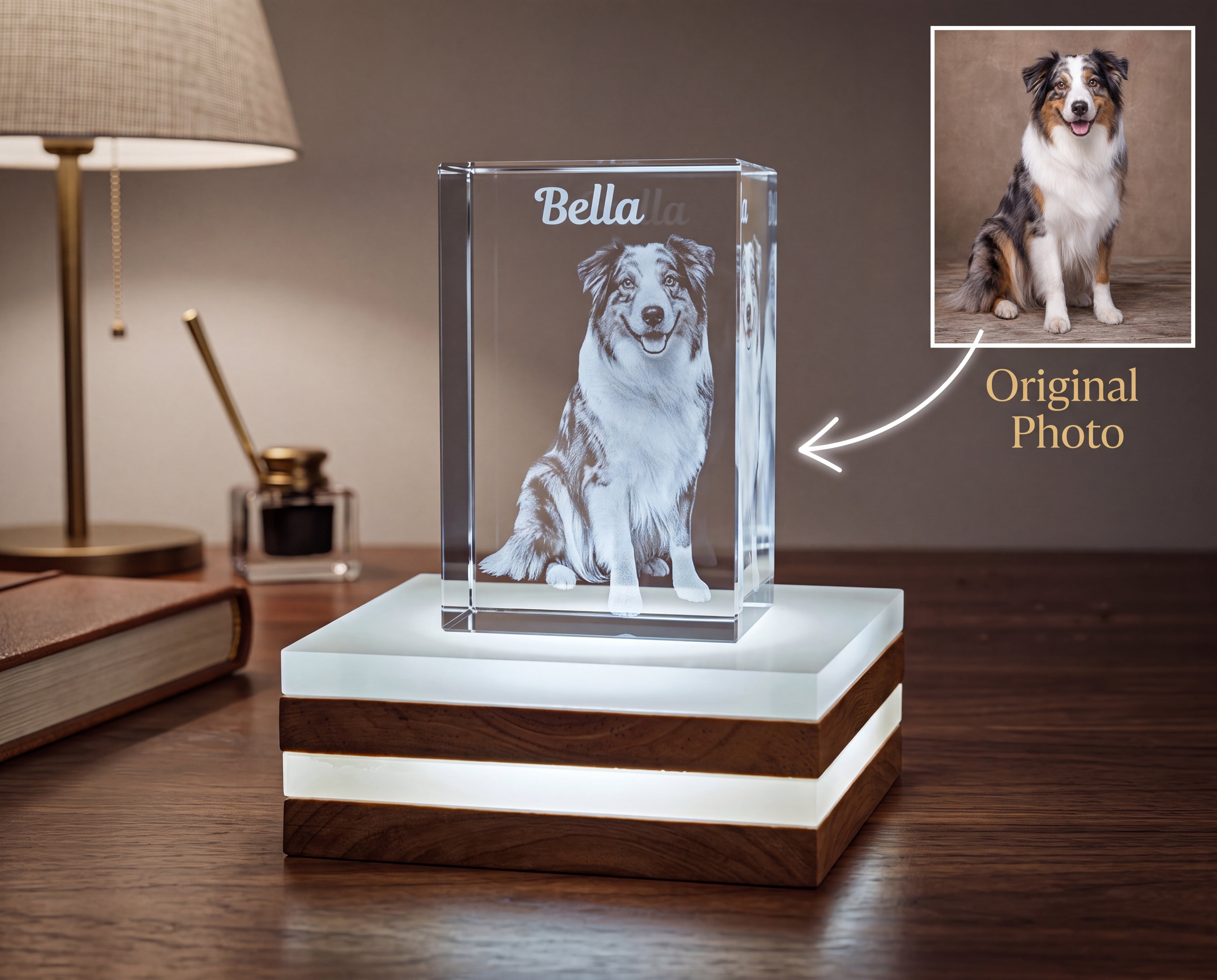 Custom Pet Portrait 3D Crystal Engraving With Light Base