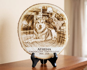 A personalized round wood slice plaque on a black display stand, featuring a engraved husky dog in a cozy living room with the text 'ATHENA FOREVER LOYAL. FOREVER LOVED 2014 - 2026'.