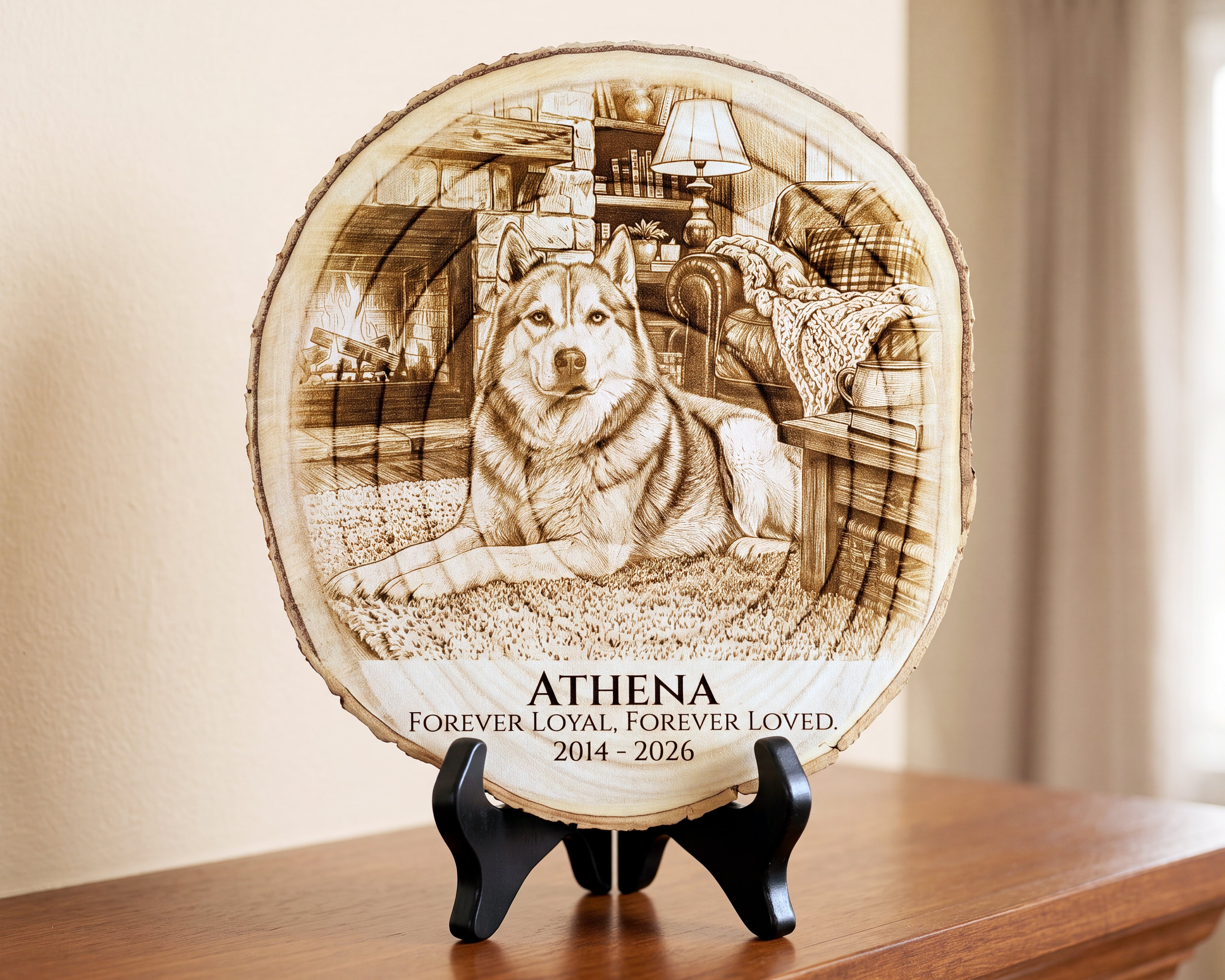 A personalized round wood slice plaque on a black display stand, featuring a engraved husky dog in a cozy living room with the text 'ATHENA FOREVER LOYAL. FOREVER LOVED 2014 - 2026'.