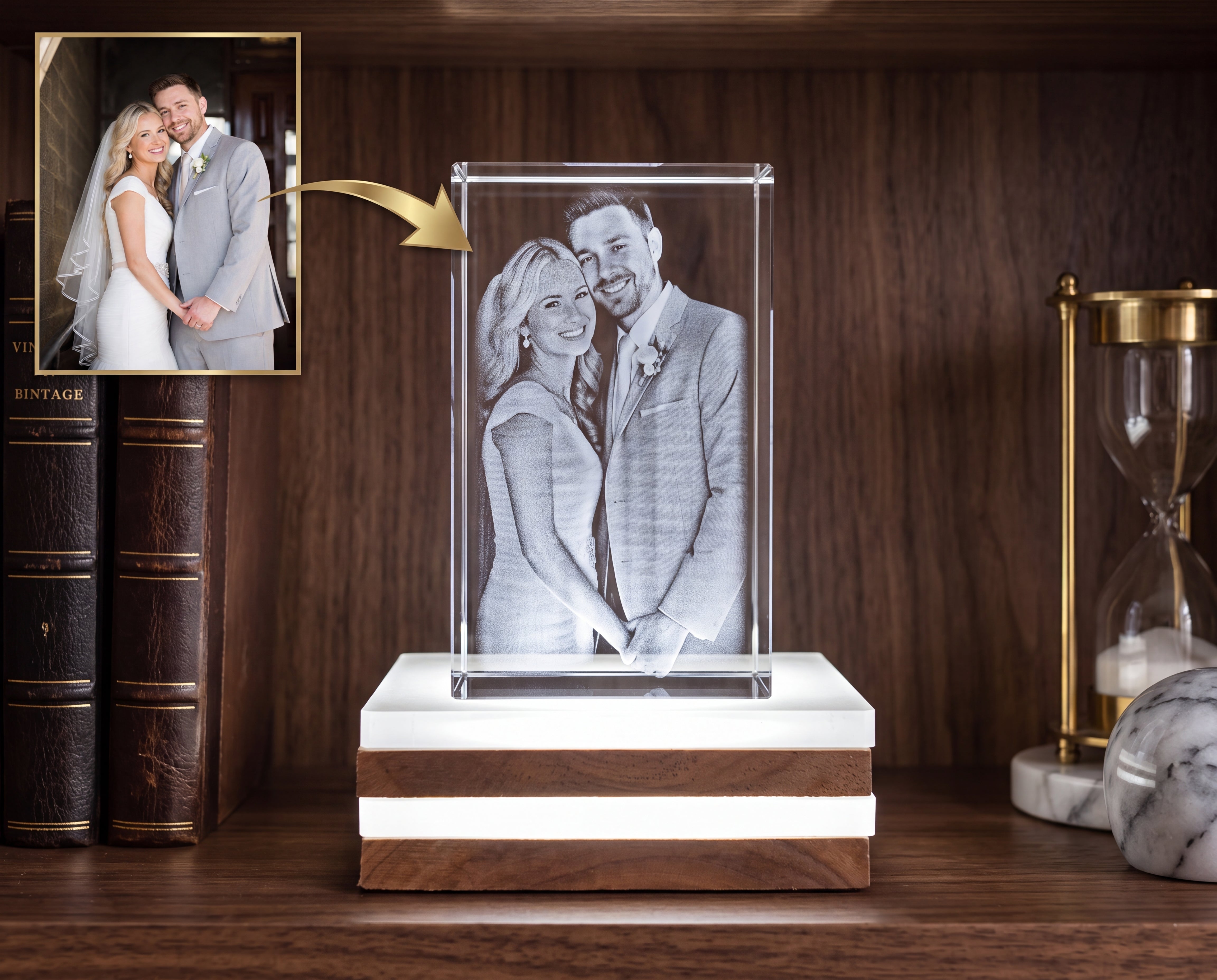 Custom Couples Portrait 3D Crystal Engraving With Light Base, Perfect Gift For Anniversary, Engagement, and Weddings