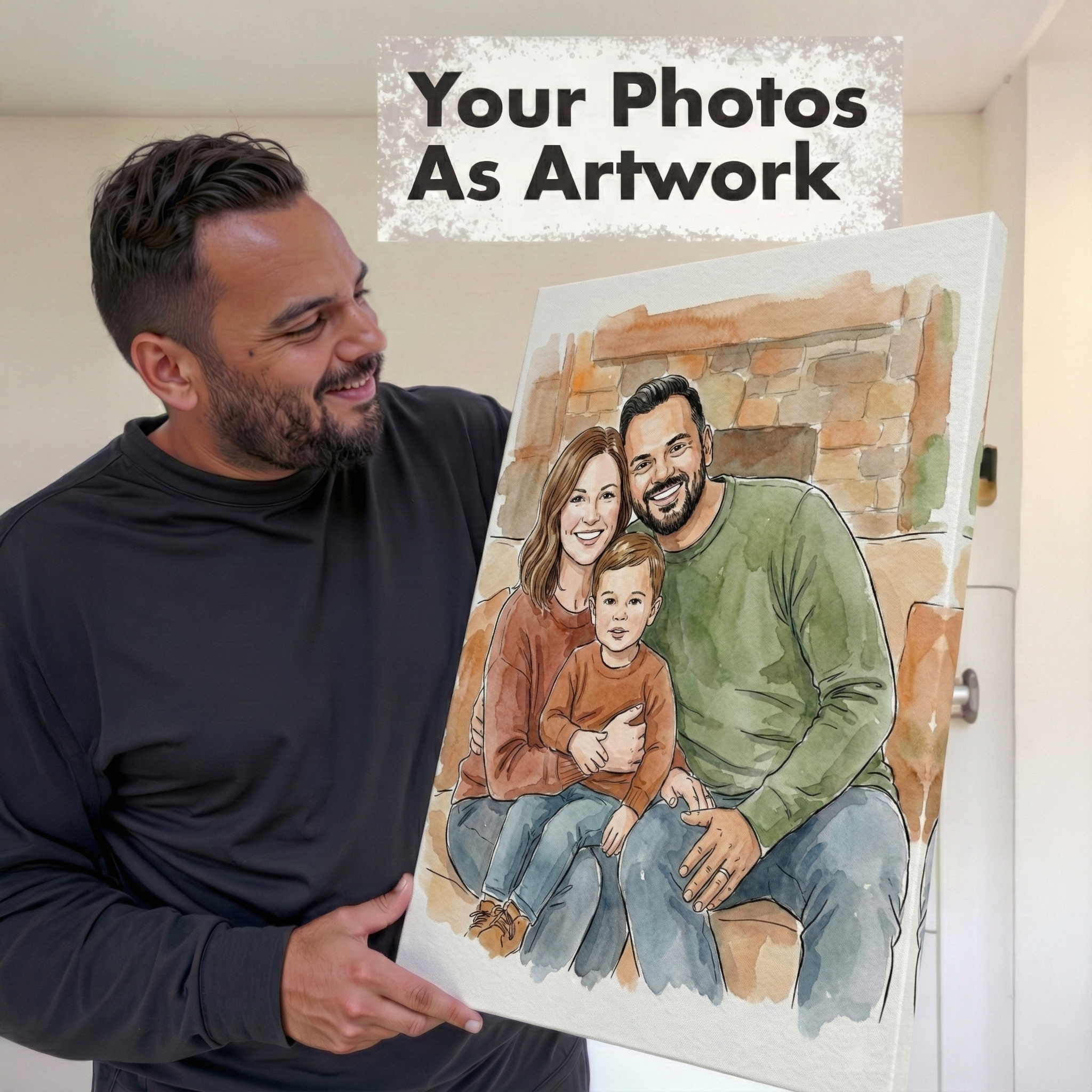 A man in a black long-sleeve shirt holds up a custom watercolor family portrait canvas. The canvas depicts a smiling father, mother, and son sitting together in front of a brick fireplace.