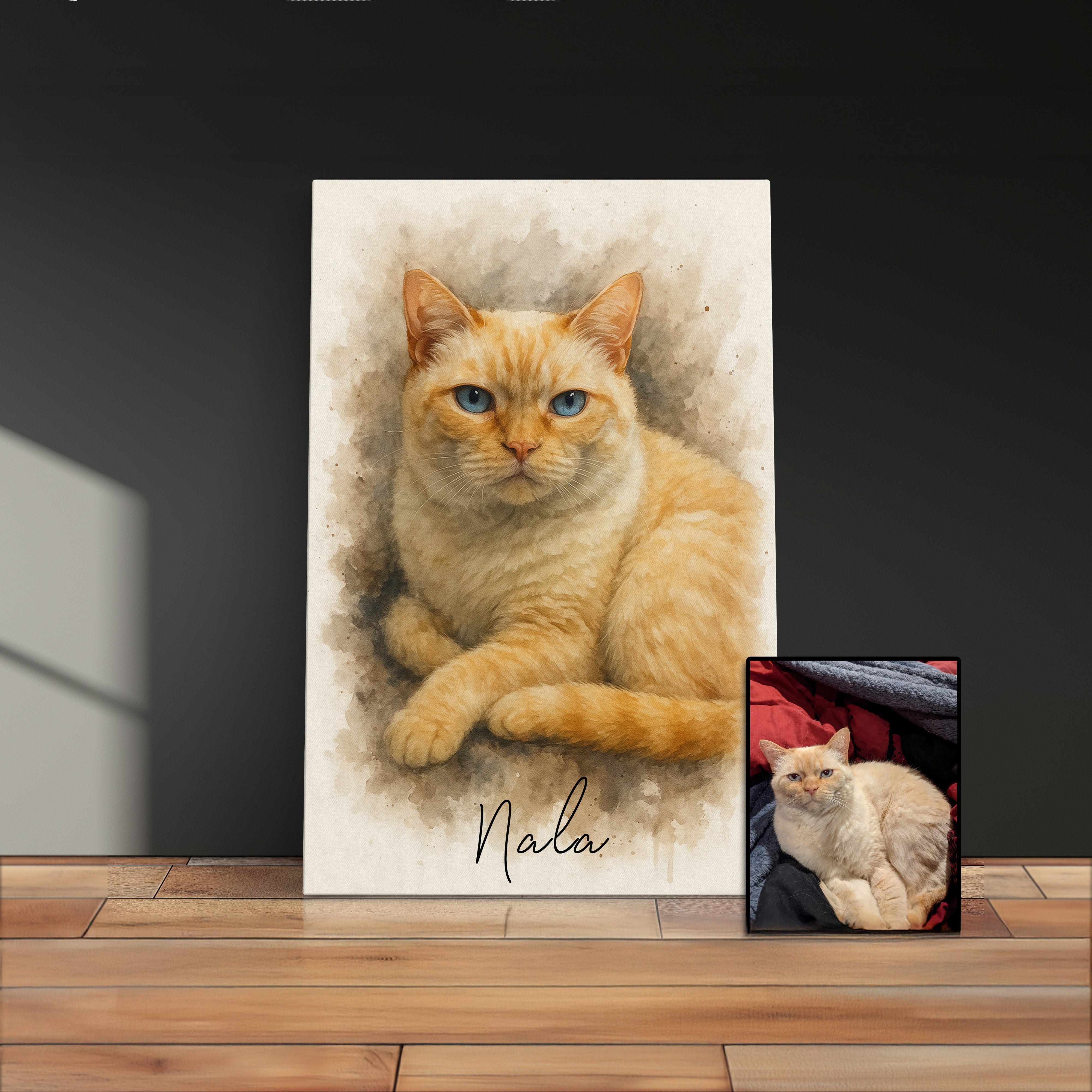 Custom Watercolor Pet Portrait From Photo Canvas Print, Personalized Pet Memorial Gift For Cat Lover, Sympathy Gift For Cat Loss