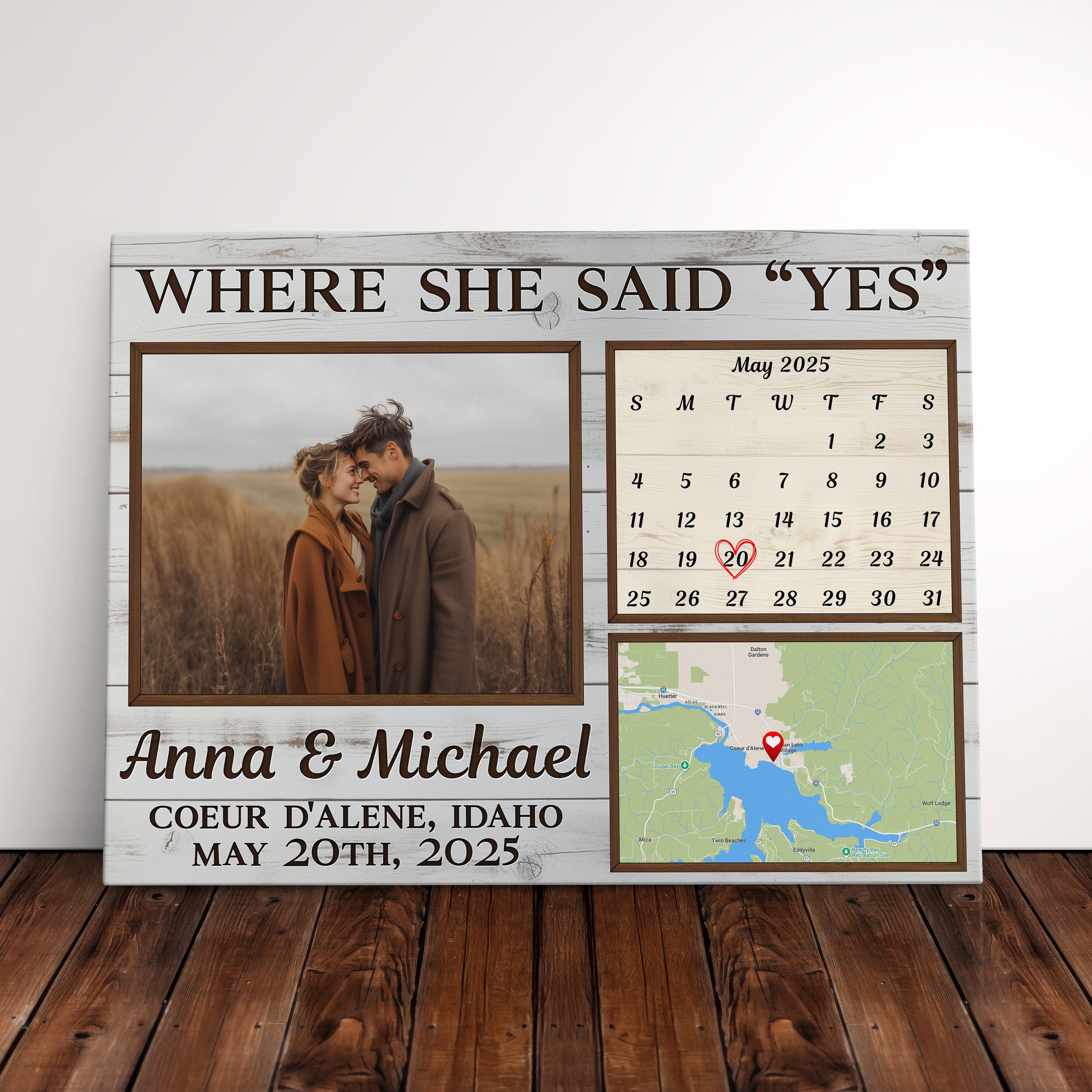 Personalized Gift For Newly Engaged Couple Canvas Print, Custom Engagement Canvas Photo Gift For Couple, Photo, Calendar, and Map
