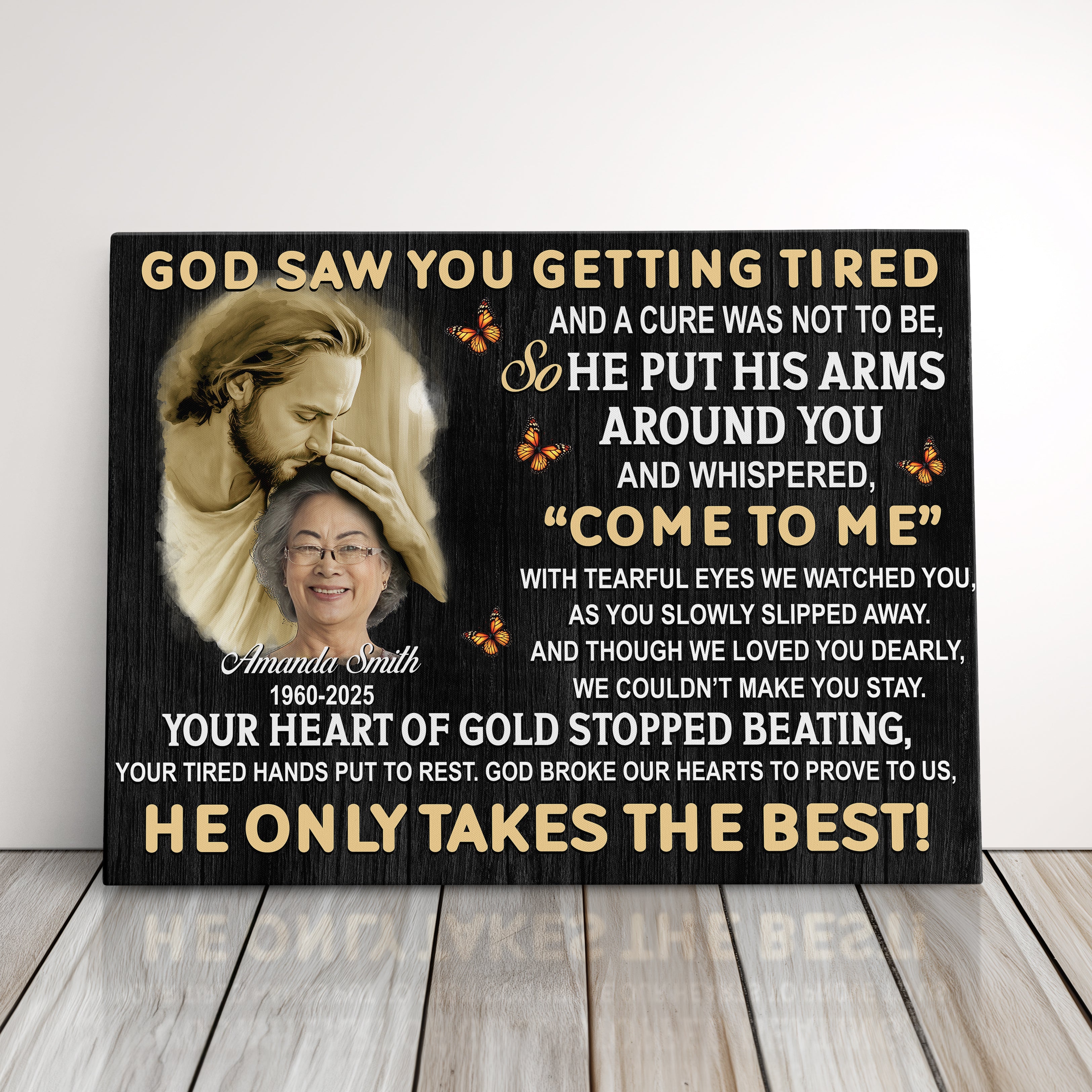 Personalized Memorial Canvas Print, Custom Photo Sympathy Gift For Loss Of Mom, Dad, Or Loved Ones, God Saw You Getting Tired Canvas